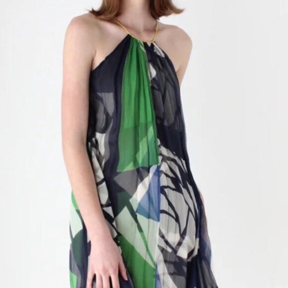 Catherine Malandrino Green & Blue Print Trapeze Silk Dress Size: 6. Cocktail - Picture 5 of 12